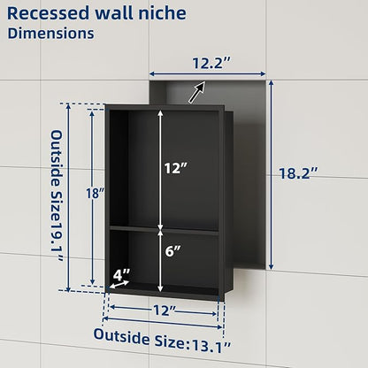 Neodrain 12X18 Inch Matte Black Double Shelf Stainless Steel Shower Niche, No Tile Needed Bathroom Organizer, Two Layer Recessed Built-in Wall Niche