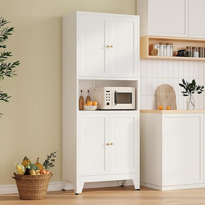 Metal Storage Cabinet, 69" Tall Bathroom Cabinets with 4 Doors & 3 Adjustable Shelves Large Cupboard, White Metal Pantry Cabinets for Kitchen, Home Office, Garage, Warehouse