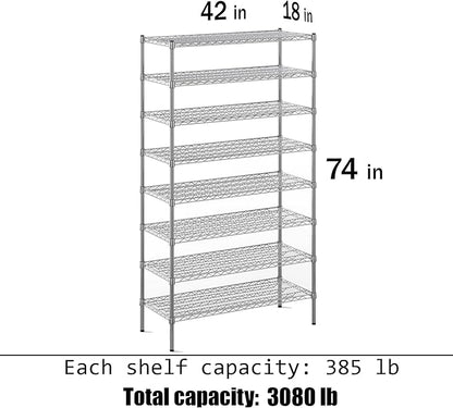 18" Deep x 42" Wide x 74" Height Wire Shelving Kit | 8-Tier | NSF Commercial Storage Rack Unit