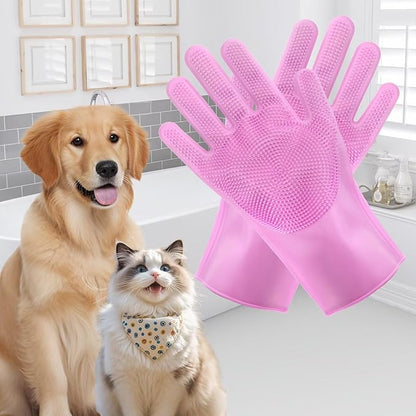 2-in-1 Pet Grooming Gloves and Brush,Dog and Cat Bath Scrubber Silicone Gloves Large