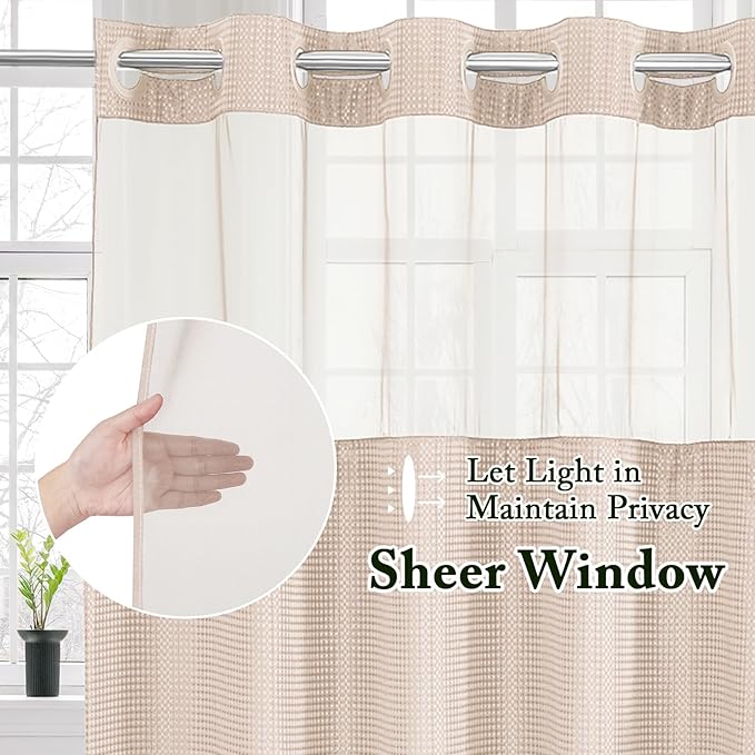 Gibelle No Hook Waffle Weave Shower Curtain with Snap-in Fabric Liner Set for Bathroom, Hotel Style with Mesh Top Window, Waterproof & Washable, Blush Pink, 72x74