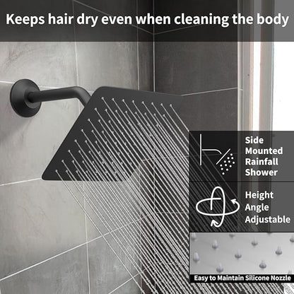 Shower Faucet Set Matte Black Shower System, Push Button Shower Faucet with Dual Rain Shower Head(12 inch+8 inch), Handheld Shower, with Digital Temperature Display Function