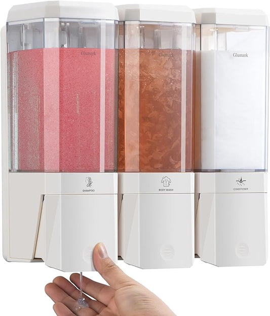 Shampoo and Conditioner Dispenser Wall Mounted No Drill, Shower Soap Dispenser 3 Chamber Shampoo Conditioner Body Wash Refillable 3 * 17oz Shower Soap Dispenser for Bathroom Hotel, White+Clear