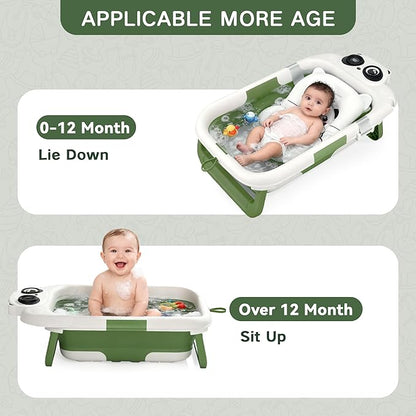 Collapsible Baby Bathtub for Newborn to Toddler (0-24 Months), Portable Baby Bath Tub for Travel, Newborn Bathtub with Soft and Supportive Cushion (Panda-Green)