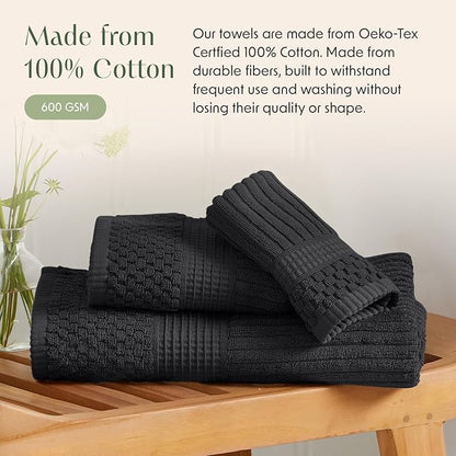 Springtree Home 100% Cotton Bath Towel Set of 4 | Super Soft & Absorbent with Quick-Dry Fibers | 4 Bath Towels | Textured and Durable Cotton | Krista Collection - Black Ink