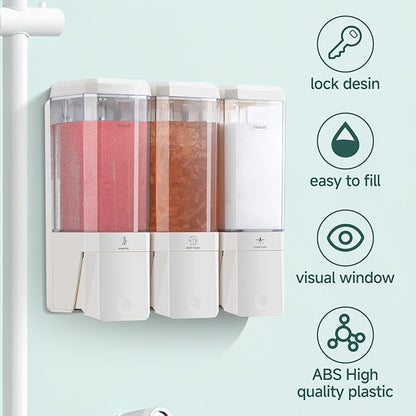 Shampoo and Conditioner Dispenser Wall Mounted No Drill, Shower Soap Dispenser 3 Chamber Shampoo Conditioner Body Wash Refillable 3 * 17oz Shower Soap Dispenser for Bathroom Hotel, White+Clear