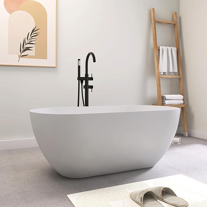 SJ STAR&JANE 51" Solid Surface Freestanding Bathtub, Matte White Oval Soaking Stone Resin Tub with Overflow and Pop-up Drain for Modern Bathrooms