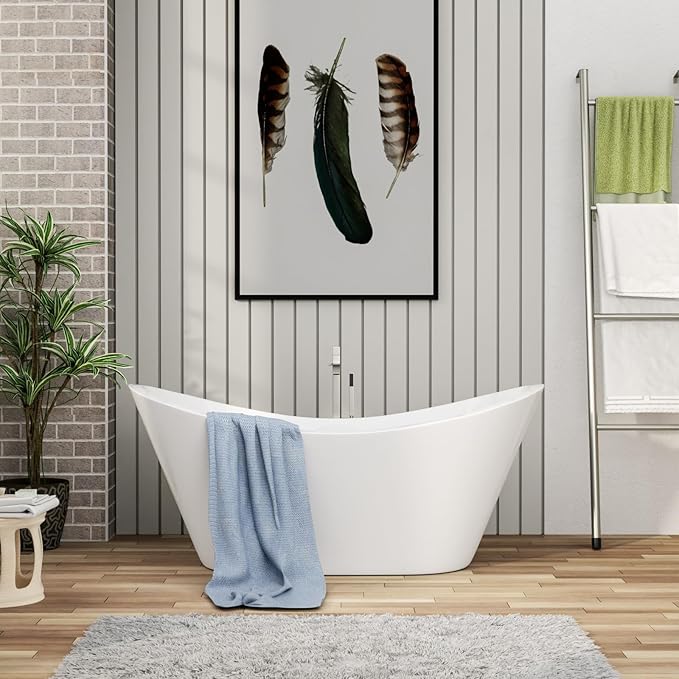 67 Inch Acrylic Freestanding Soaking Bathtub - Mocoloo Contemporary Soaking White Tub Stand Alone Bathtub with Overflow and Drain