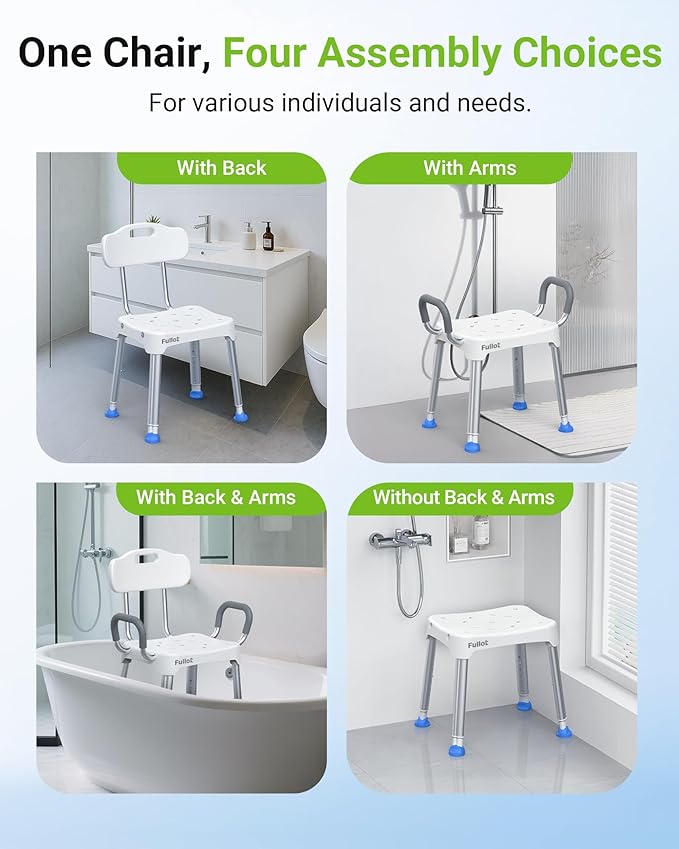 Widened Shower Chair for Inside Shower with Back & Arms,400 lbs Heavy Duty & Adjustable Shower Chair for Elderly and Disabled, Non-Slip Shower Seat, Tub Bath Chair, Tool-Free