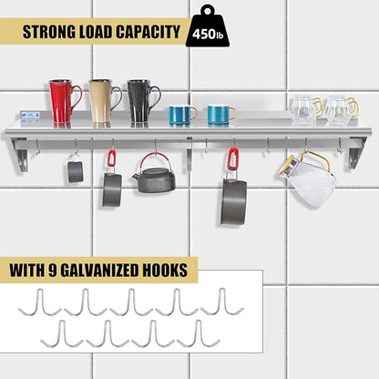 Hally Stainless Steel Shelf with 8 Hooks 14" x 60" Wall Mounted Pot Rack 400lb, NSF Commercial Floating Shelving for Storage Hanging Pots, Pans, cookware in Restaurant, Kitchen, Home and Hotel