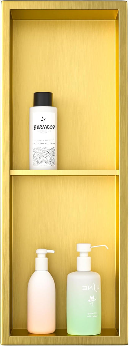 Stainless Steel Shower Niche 8"×24" Gold Double Shelf No Tiled Needed Niche Shower for Bathroom Wall Recessed Bathroom Shelf for Storage