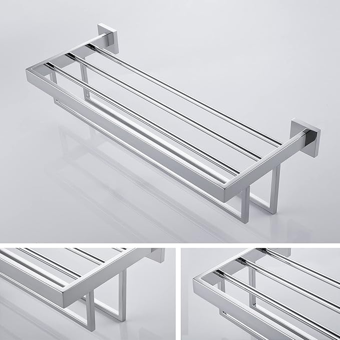 KOKOSIRI 24'' Bathroom Towel Shelf Chrome Towel Rack with Two Bath Towel Bars SUS304 Stainless Steel Wall Mounted, Polished Finish, B6003CH