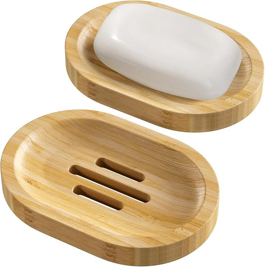 AmazerBath Bamboo Soap Holder, Bamboo Soap Dish, 2 Pack Soap Dishes for Bar Soap, Soap Tray Self Draining, Oval Soap Saver for Shower, Bathroom, Kitchen