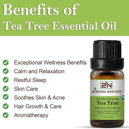 Tea Tree Essential Oil USDA Certified Organic, 100% Pure Natural Premium Grade, Undiluted- Aromatherapy Diffuser for Calm and Relaxation, Skin Care, Hair Care