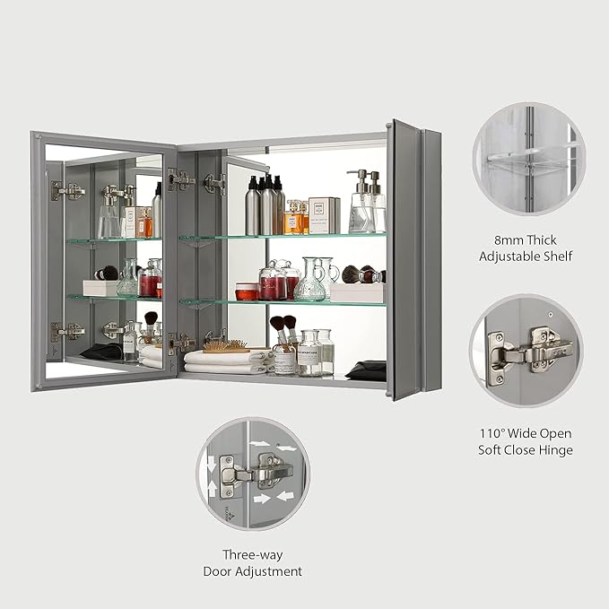 Blossom 25x26 Inch Aluminum Medicine Cabinet with Mirror – Recessed or Surface Wall Mounted Bathroom Storage with Adjustable Glass Shelves, Soft Close Hinges, Rust-Resistant and Modern Mirrored Design