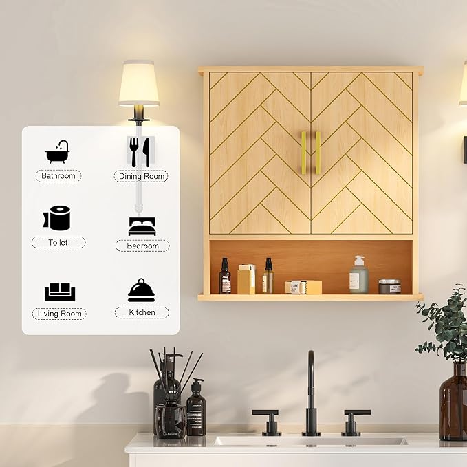 Natural Chevron Pattern Bathroom Wall Mount Cabinet, Gold Accent Hanging Medicine Cabinet with Open Shelf, Over The Toilet Storage Organizer for Home (23 5/8" x 22 7/8" x 15 3/4")