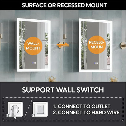 WELLFOR 24 x 32 Inch LED Medicine Cabinet with Lights, 3X Magnification Makeup Mirror, Bathroom Vanity Mirror Cabinet with Storage, Anti Fog, Surface or Recess Mount, Right Opening Door