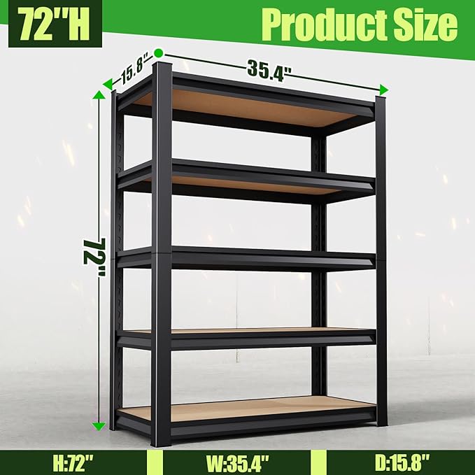 72" H Garage Shelving,Heavy Duty Garage Storage Shelves,Metal Shelving Unit,5 Tier Adjustable Steel Utility Shelf,Use for Basement,Warehouse, Pantry Closet,Black (72" H*35.4" W*15.9" D)