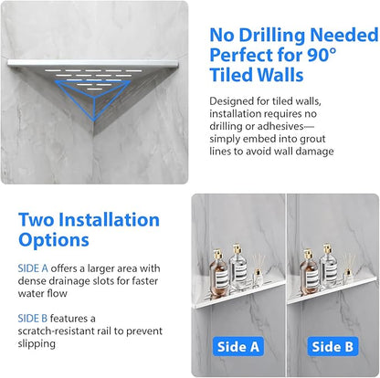 POPFLY 10" Silver Stainless Steel Corner Shower Shelf 2PCS, 304 SS Recessed Bathroom Shelves for Tile Walls, No Drilling Needed, Floating Shower Caddy with Drainage Slots, PF7501L