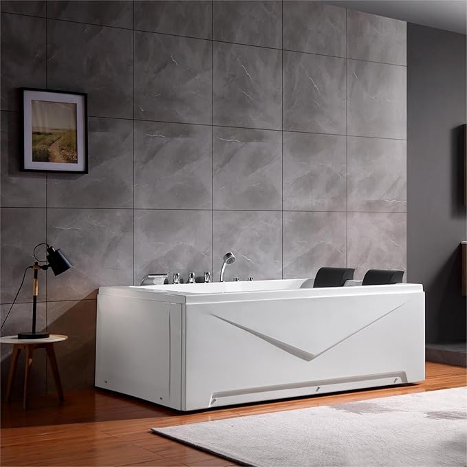 Empava 71" two Person Acrylic Whirlpool Bathtub with 16 Hydro-Massage Jets & Chromotherapy Rectangular Alcove Jetted Soaking Tub, Acrylic SPA Bath Tub, ETL Certified Waterfall Faucet, White