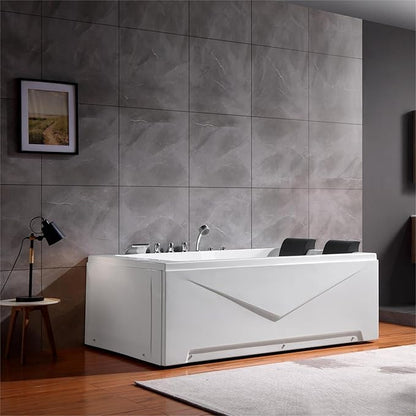 Empava 71" two Person Acrylic Whirlpool Bathtub with 16 Hydro-Massage Jets & Chromotherapy Rectangular Alcove Jetted Soaking Tub, Acrylic SPA Bath Tub, ETL Certified Waterfall Faucet, White