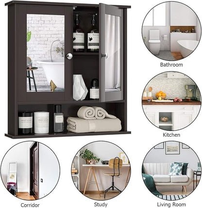 Tangkula Bathroom Medicine Cabinet with Mirror, Wall Mounted Wooden Hanging Organizer with Doors and Shelves, Bathroom Wall Mirror Cabinet (Mirror Doors, Brown)