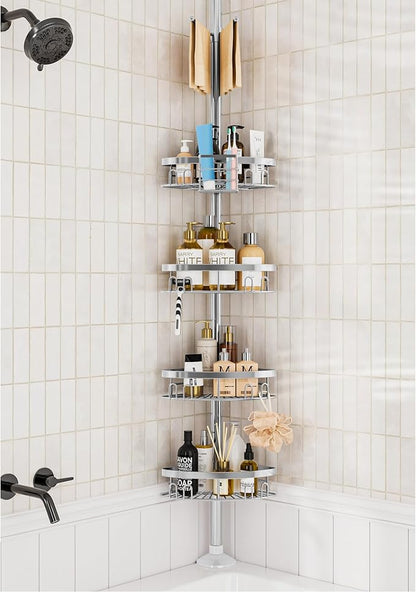 Rustproof Shower Corner Caddy Shelf for Bathroom Tension Pole Organizer with 4 Baskets for Bathtub Shampoo Storage from 23.6 to 114.5 Inch with Towel Bar (Silver)