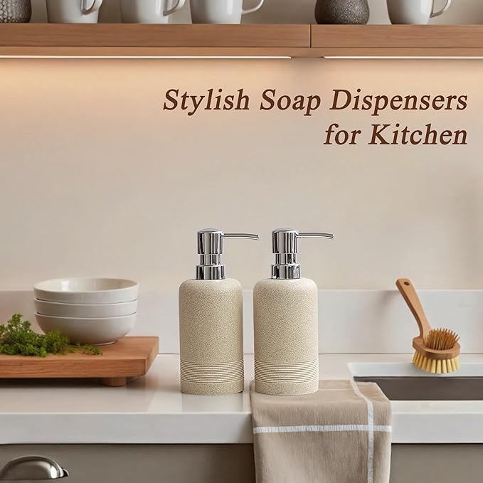 Resin Soap Dispenser Sets, 2 Pcs Heavy Lotion Dispensers,10.8oz Refillable Liquid Soap Dispensers with Rust-Proof Pump for Bathroom Countertop or Kitchen, Stone Beige