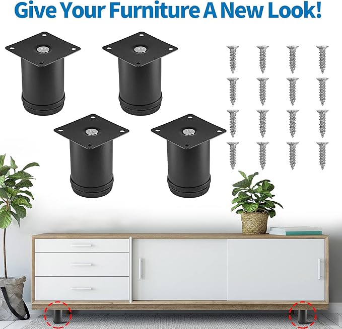 3 Inch Metal Furniture Legs Stainless Steel Adjustable Legs Black Metal Legs Round Cabinet Legs for Coffee Table Cabinet Desk Sofa Shelves, Pack of 4