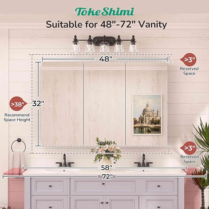 TokeShimi 48x32 Mirror with Stepless Adjustable Storage, Aluminum Tempered Bathroom Mirror Medicine Cabinet Silver, Frameless Farmhouse Medicine Cabinet for Recessed or Surface Mount Modern