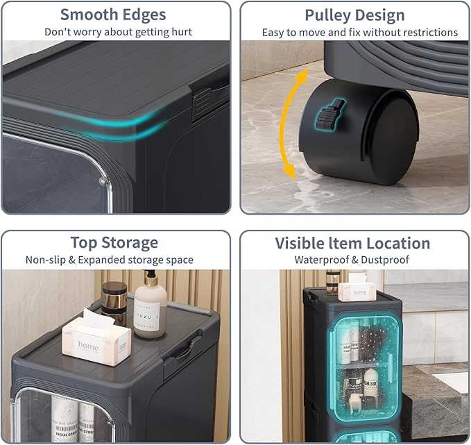 KHNR 2-Tiers Slim Bathroom Storage Cabinet, Foldable Storage Cabinets,Narrow Bathroom Storage,Movable Bathroom Storage Organizer for Small Spaces,Bathroom,Kitchen,Laundry,Black
