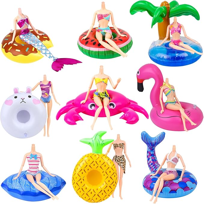 9Pcs Doll Swimming Pool Inflatable Float Including - Flamingos Donuts Pineapples Shells Crabs Rabbit Inflatable Drink Holder for Pool Party and Kids Toys