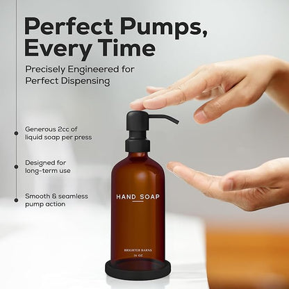 Amber Glass Hand Soap Dispenser Bathroom Set by Brighter Barns - Refillable Liquid Hand Soap Dispenser Tray and Pump Set for Kitchen - Modern Bathroom Decor & Accessories for Airbnb, RV, Hotel (Amber)
