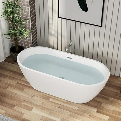 67" Acrylic Freestanding Bathtub - Mocoloo White Oval Shape Soaking Bath Tub with Stainless Drain and Overflow Assembly for Classic Modern Bathrooms