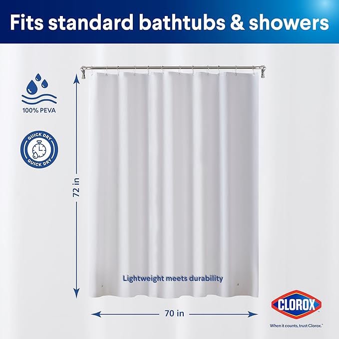 Clorox Shower Curtain Liner, Premium Lightweight Flexible Waterproof 3g PEVA for Bathroom with Weighted Magnets, Standard Size 70" x 72", Frosty 1 Pack
