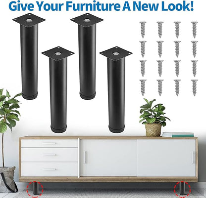 10 Inch Metal Furniture Legs Stainless Steel Adjustable Legs Black Metal Legs Round Cabinet Legs for Coffee Table Cabinet Desk Sofa Shelves, Pack of 4