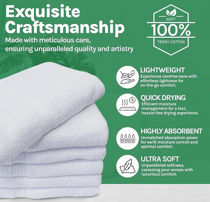 Towels N More Washcloth (60 White) - 100% Cotton Washcloth 12 x 12 - Highly Absorbent Bathroom washcloths, All Purpose Cleaning Towels, Face Towels (60)