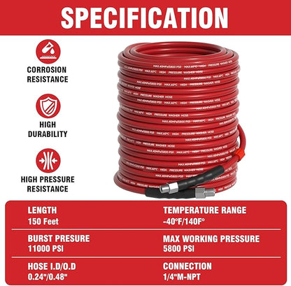 Sewer Jetter Kit 200FT for Pressure Washer, 5800 PSI Drain Cleaner Hose 1/4 Inch NPT with Spray Nozzle, Button Nose and Rotating Sewer Jetting Nozzle, Spanner Teflon Tape Pearl Corsage Pin