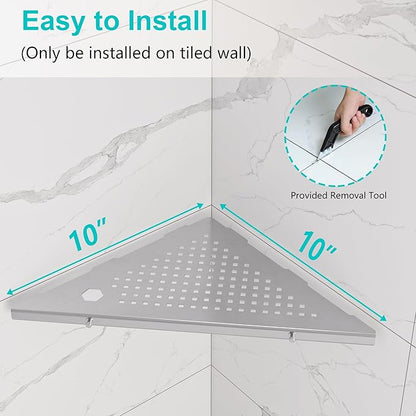 10" Bathroom Corner Shelf, 2 Pack Recessed Shower Shelf Caddy, SUS304 Stainless Steel Shelf Wall Mount Triangular, No Drilling Brushed Nickel