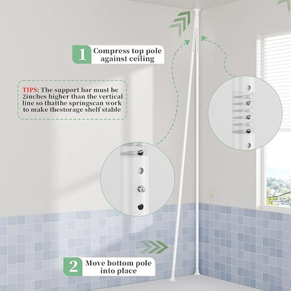 Tension Pole Shower Caddy Organizer with 4 Tier L-Shaped Rust Resistant Bathroom Corner Shelves with 34-124 Inch Adjustable No Drilling Quick Install Shower Rack for Bath Essentials (White)