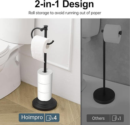 Hoimpro 25" Toilet Paper Holder Free Standing, Floor Bathroom Toilet Paper Tissue Roll Holder with Shelf Stand for 4 Rolls, with Storage, Freestanding Handle Hardware Accessories Rack Matte Black