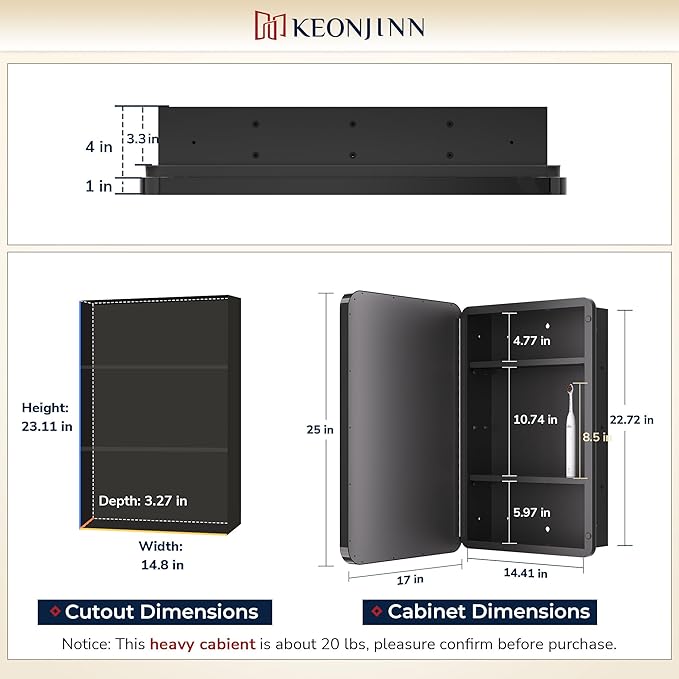 Keonjinn Black Medicine Cabinet 17 x 25 Inch, Heavy & Solid Bathroom Medicine Cabinet with Mirror, Stainless Steel Framed, Adjustable Shelves, Recessed or Wall Mount, Bathroom Mirror with Storage