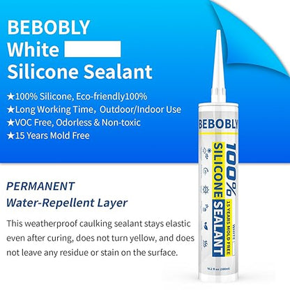 White Silicone Caulk & Sealant, 100% Waterproof Silicone Sealant Caulking, Shrink & Crack Proof, Silicone Caulking for Kitchen, Bathroom, RV, Interior & Exterior Use, 10.2 FL. OZ/300ML, 4 Pack