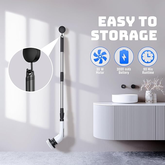 Electric Spin Scrubber - Cordless Bathroom Scrubber with 7 Brush Heads - Dual Speed IPX7 Waterproof Power Scrubber for Heavy-Duty Bathtub, Glass, Tile, and Car Cleaning (White)