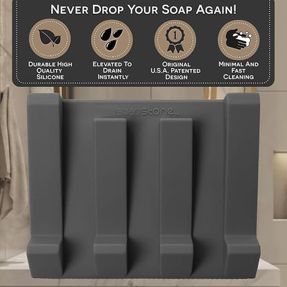 Silicone Soap Dish (USA Patented) Self Draining Bar Soap Holder for Shower Bathroom Sink, Drying Soap Dish Tray Kitchen Sponge Holder Easy Cleaning Soap Saver Mat (Dark Grey, 2)
