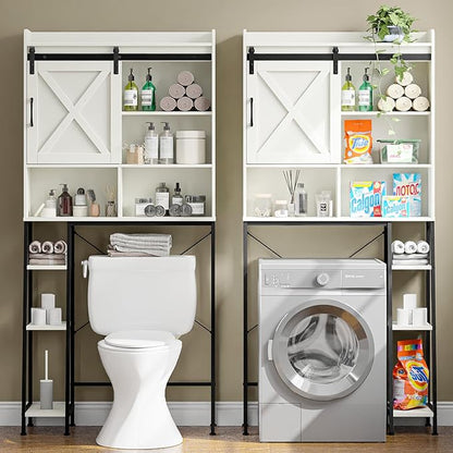 Vabches Over The Toilet Storage Cabinet, Farmhouse Storage Cabinet Over Toilet with Sliding Door & Toilet Paper Holder Stand, Home Space-Saving Toilet Rack for Bathroom, Restroom