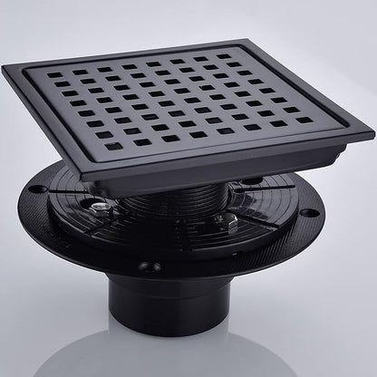 RANDOM Square Shower Drain 6 Inch Matte Black Stainless Steel Shower Floor Drain Kit with Adjustable PVC Base Flange, Removable Grid Grate, Hair Strainer