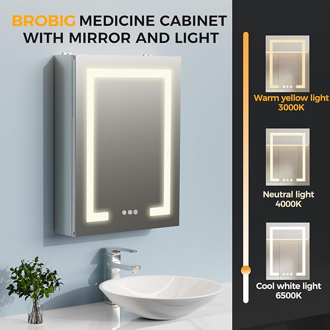 LED Bathroom Mirror 20 * 26 Stepless Dimmable Wall Mirrors with Anti-Fog, Shatter-Proof, Memory, 3 Colors, Memory Function, Water Proof, Decor Vanity Mirror