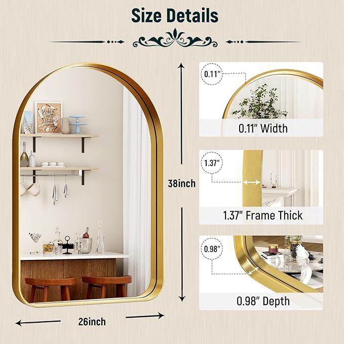 GLSLAND 26”x38“ Gold Arched Bathroom Mirror - Aluminum Alloy Framed Mirrors for Wall- Arch Wall Mirror, Brush Gold Bathroom Mirror for Bedroom