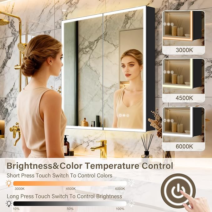Aluminum Medicine Cabinet with Light,Stepless Glass Shelf,3 Colors Temperature,Dimmer,Backlit Lighting,Internal Light,USB Shaver Socket,Defogger,61cm×76cm